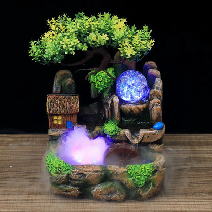 Led Lights Resin Rockery Flowing Water Fountain Lucky Feng Shui Wheel Office Desktop Ornaments with Nebulizer Home Decoration