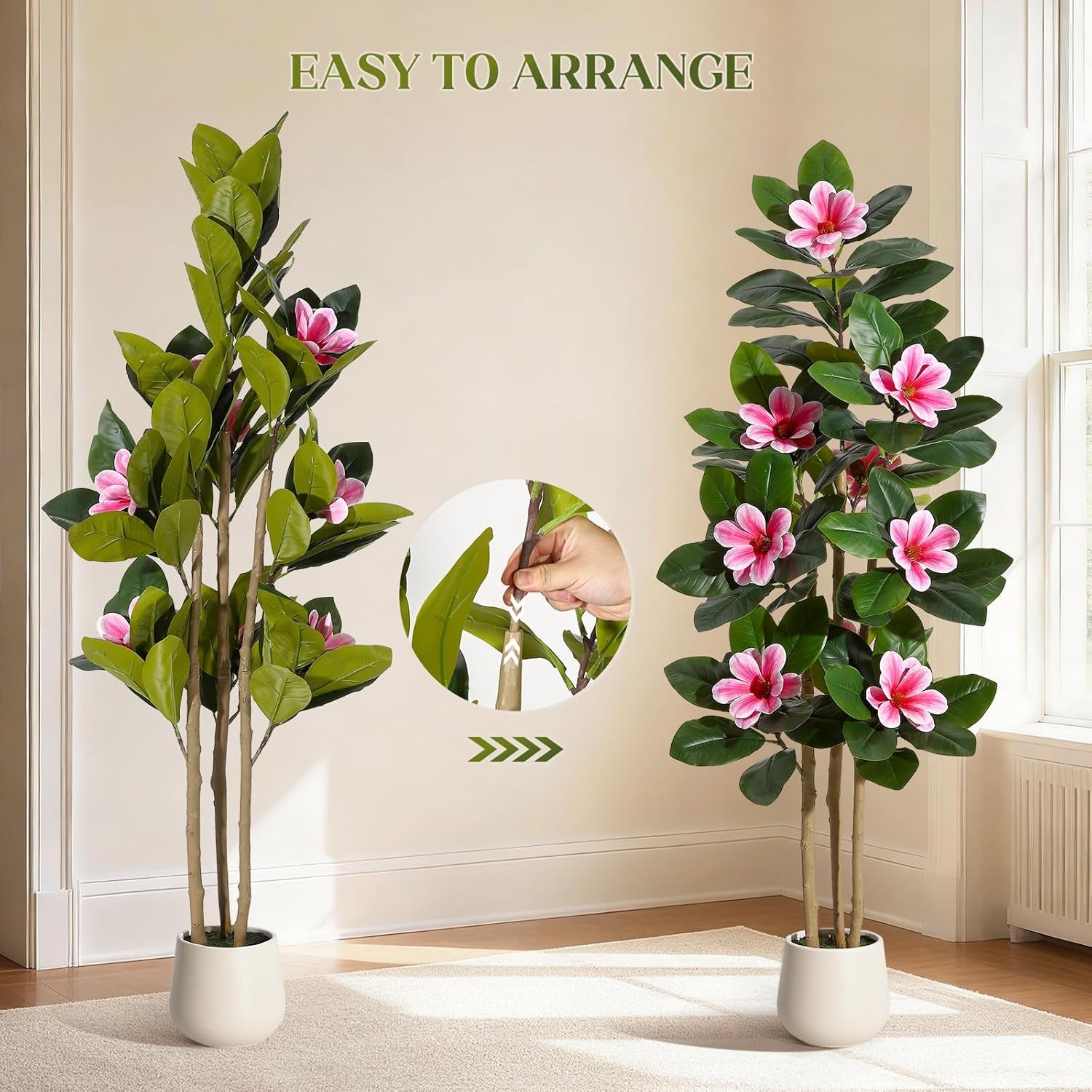 Faux Rubber Tree, 60 Inch Artificial Plants Indoor with Real Touch Leaves and Multi Trunks, Artificial Tree Fake Potted Plants with Pink Flowers for Home Decor Office Living Room