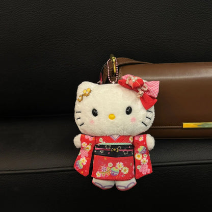 Hello Kitty Kimono Series Plush Keychain Cute Floral Japanese Style Kimono Plush Doll Pendant for Girl'S Bag Decor Kawaii Gifts