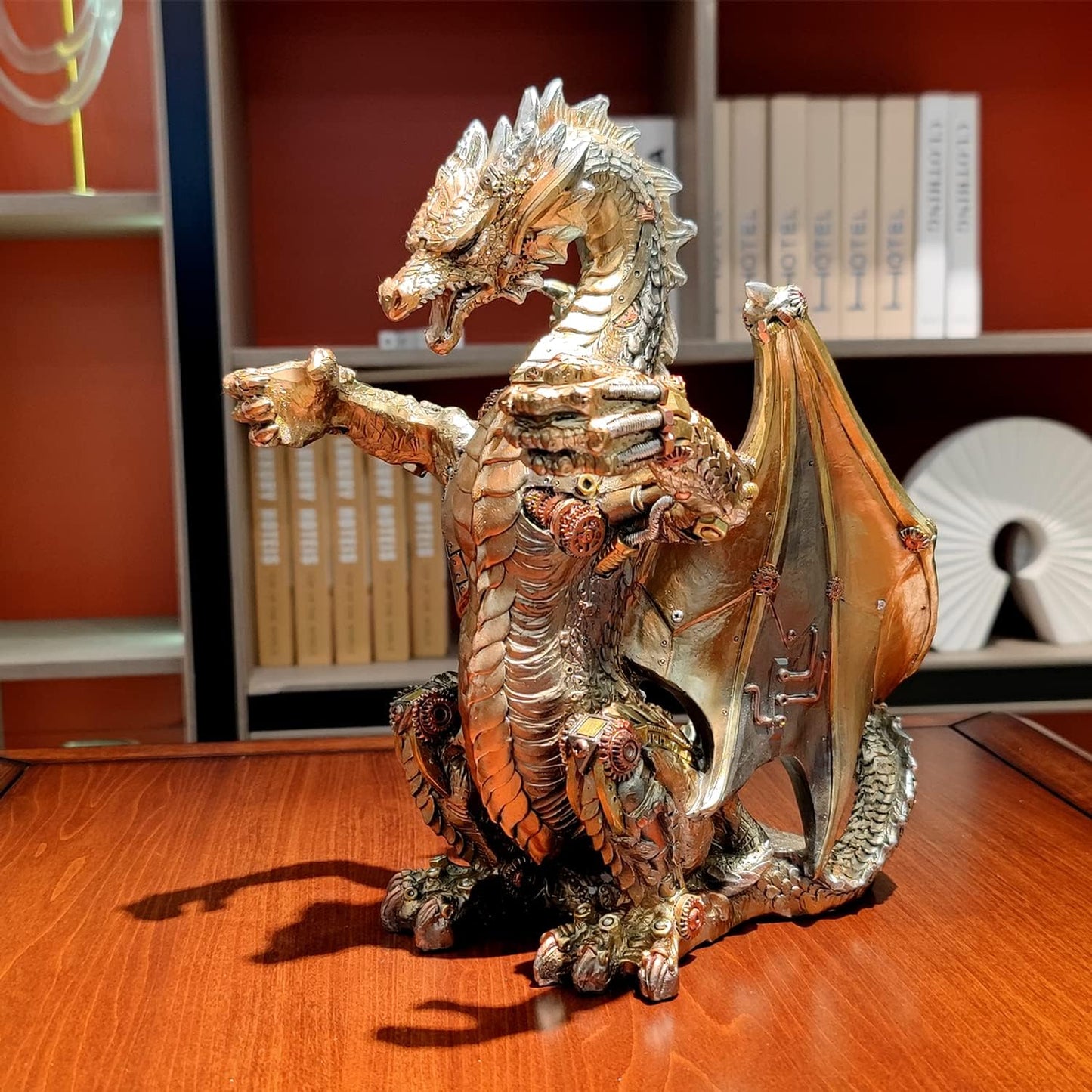 Steampunk Dragon Wine Bottle Wine Holder Statue with Two Wine Glasses Holder Wine Rack Gothic Decor Metallic Look for Home Man Cave Decor Gifts for Men 11.6''High