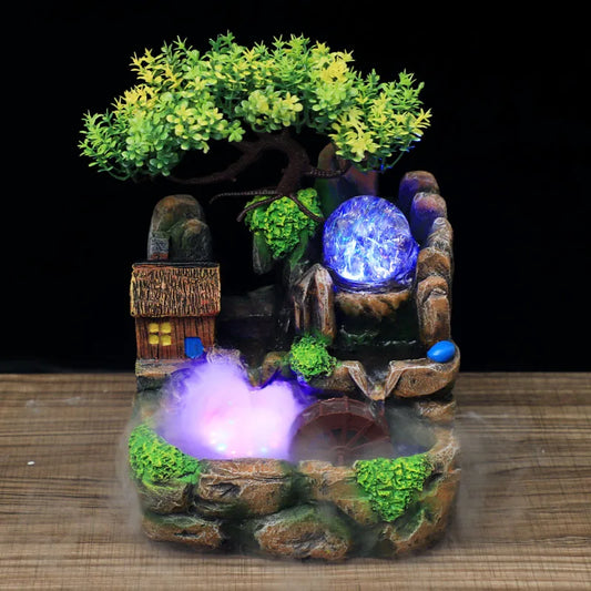 Led Lights Resin Rockery Flowing Water Fountain Lucky Feng Shui Wheel Office Desktop Ornaments with Nebulizer Home Decoration