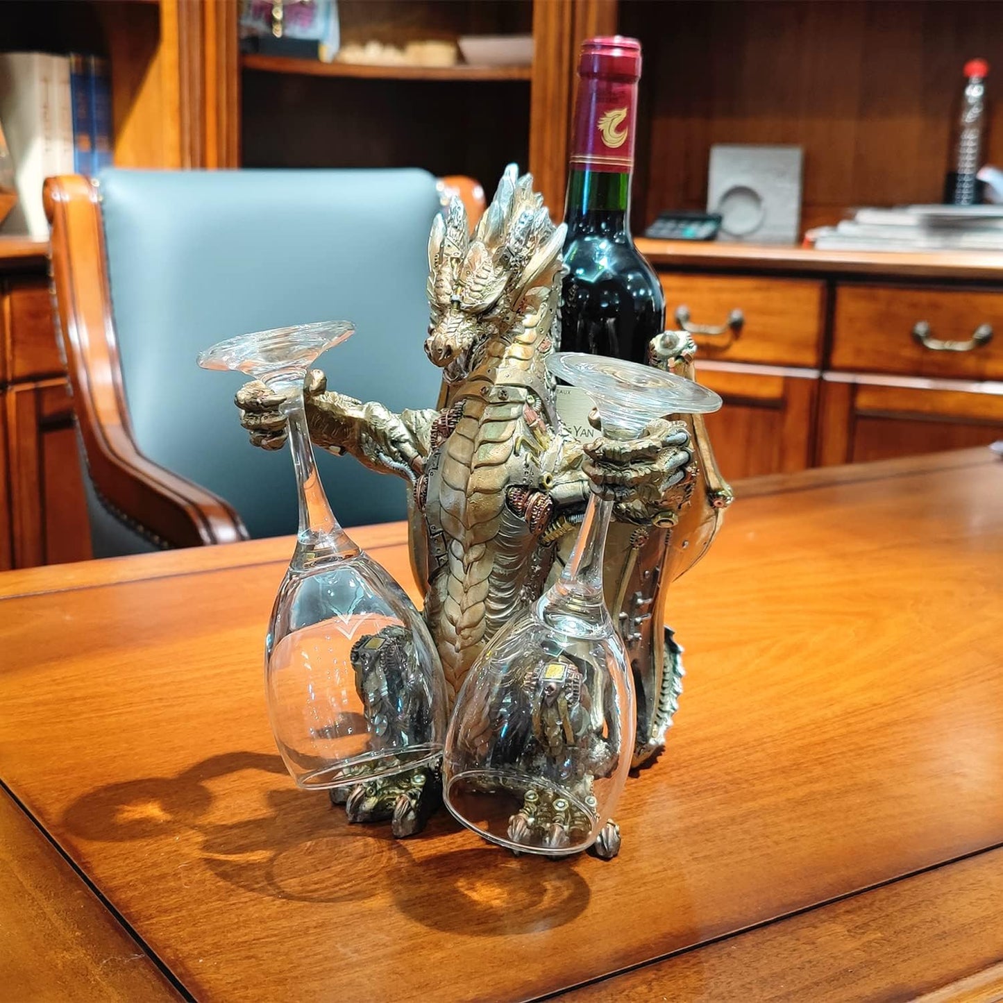 Steampunk Dragon Wine Bottle Wine Holder Statue with Two Wine Glasses Holder Wine Rack Gothic Decor Metallic Look for Home Man Cave Decor Gifts for Men 11.6''High