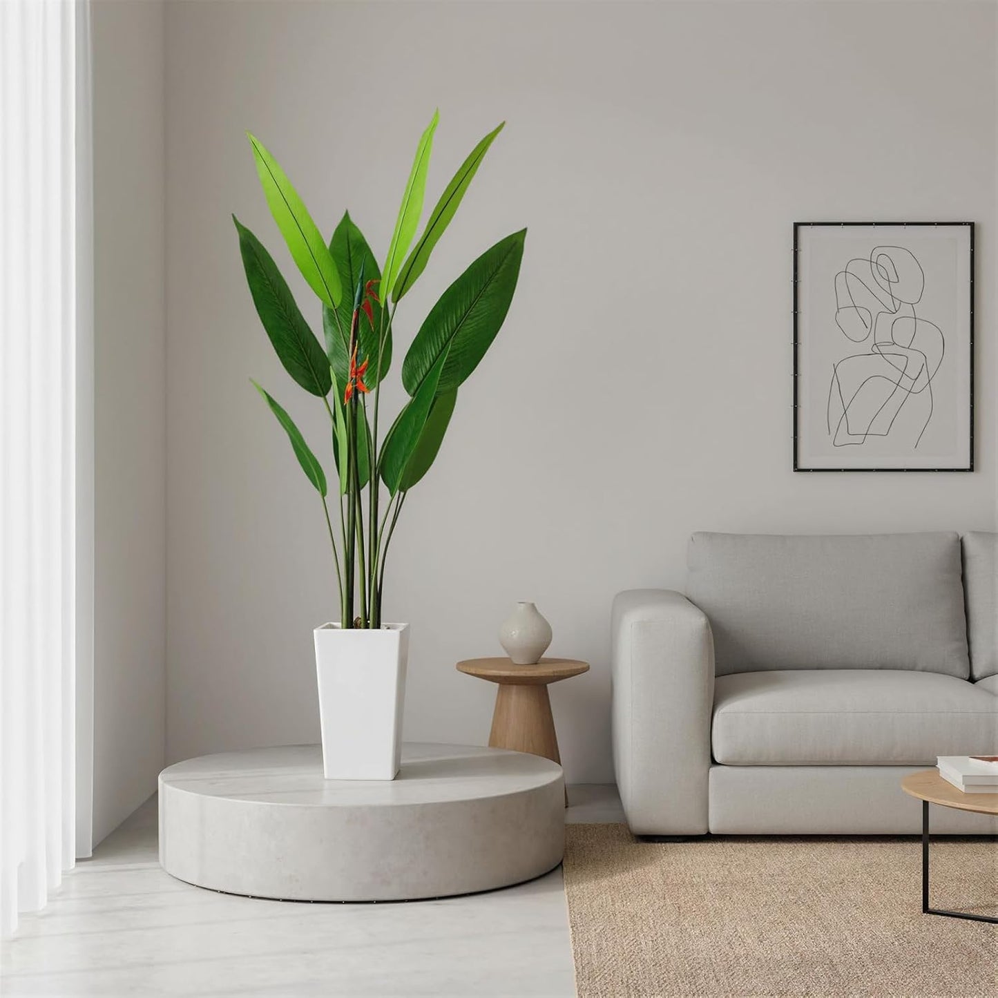 5.6 FT Artificial Bird of Paradise Tree with Artificial Flowers, Faux Artificial Plants for Indoor&Outdoor with 12 Leaves Fake Banana Leaf Plant Artificial Palm Tree with White Tall Planter