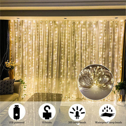 Window Curtain String Lights,300Pcs LED String Lights Curtain Lights Indoor Outdoor Lights for Christmas String Lights for Bedroom USB Charging White
