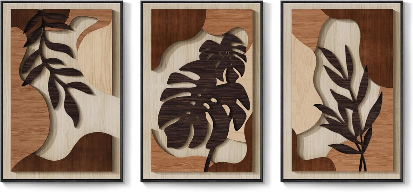 Framed Wood 3D Boho Textured Wall Art for Living Room, Large 3 Piece Carved Wooden Tropical Botanical Artwork for Walls, Brown Monstera Leaf Wood Bedroom Dining Room Home Office Wall Decor, 20X30 Inch