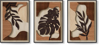 Framed Wood 3D Boho Textured Wall Art for Living Room, Large 3 Piece Carved Wooden Tropical Botanical Artwork for Walls, Brown Monstera Leaf Wood Bedroom Dining Room Home Office Wall Decor, 20X30 Inch