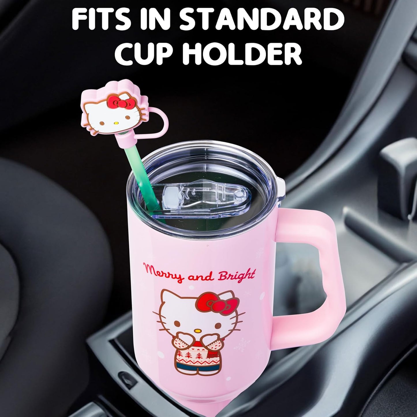 Sanrio Hello Kitty Christmas Holiday Sweater Merry and Bright Double Walled Stainless Steel Tumbler with Handle, Straw, and Straw Cap, Fits in Standard Cup Holder, 40 Ounces