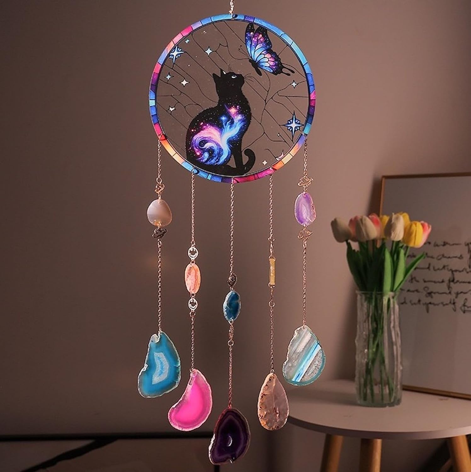 Butterfly Black Cat Acrylic Window Hanging Suncatcher,Natural Agate Gem Dream Catchers Crystal Wind Chime for Home Garden Decor, Cat Lovers Gifts Ornament for Women (Butterfly&Cat Pattern)