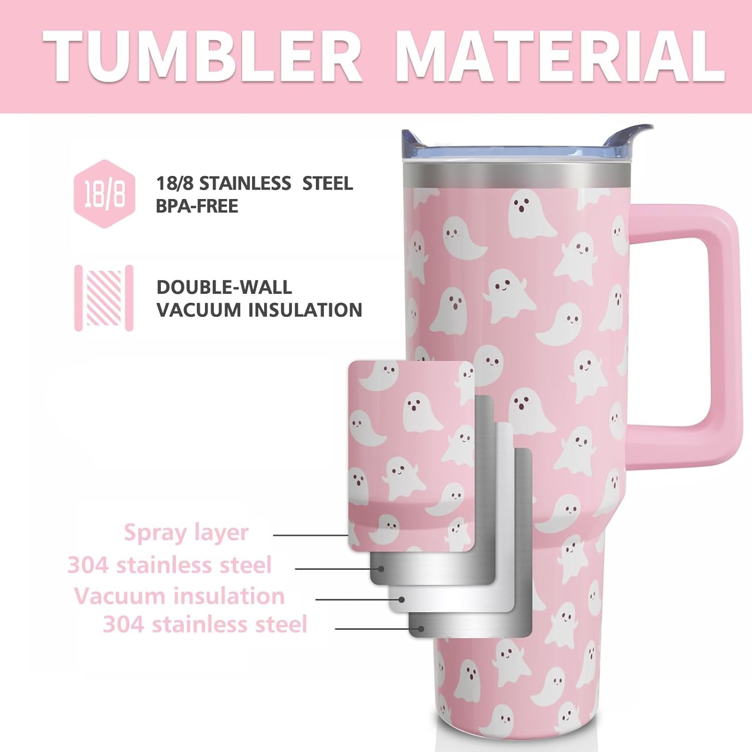 Halloween Ghosts 40 Oz Tumbler with Handle and Straw, Cute Spooky Stainless Steel Double Walled Vacuum Insulated Cup, Holiday Gifts for Women Girls