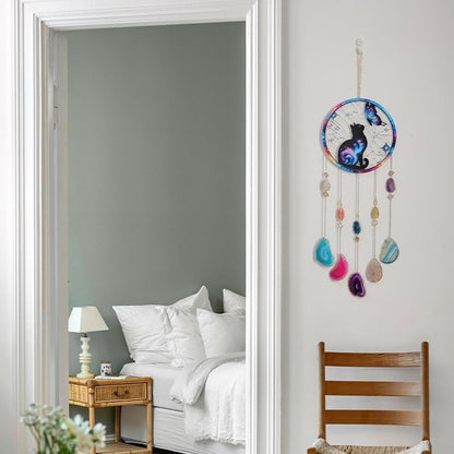 Butterfly Black Cat Acrylic Window Hanging Suncatcher,Natural Agate Gem Dream Catchers Crystal Wind Chime for Home Garden Decor, Cat Lovers Gifts Ornament for Women (Butterfly&Cat Pattern)
