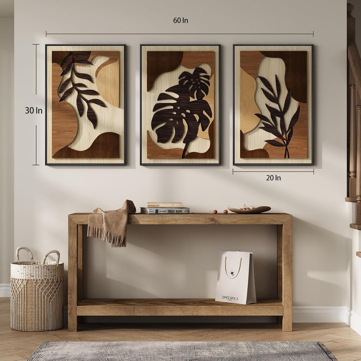 Framed Wood 3D Boho Textured Wall Art for Living Room, Large 3 Piece Carved Wooden Tropical Botanical Artwork for Walls, Brown Monstera Leaf Wood Bedroom Dining Room Home Office Wall Decor, 20X30 Inch
