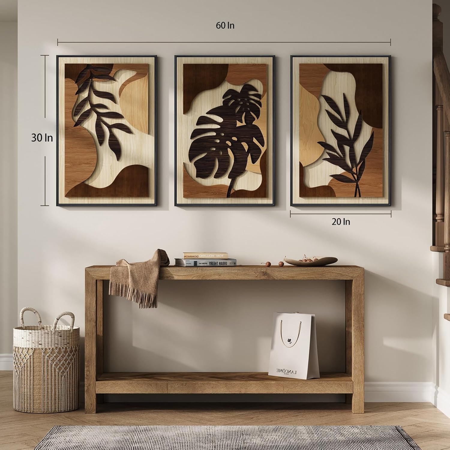 Framed Wood 3D Boho Textured Wall Art for Living Room, Large 3 Piece Carved Wooden Tropical Botanical Artwork for Walls, Brown Monstera Leaf Wood Bedroom Dining Room Home Office Wall Decor, 20X30 Inch