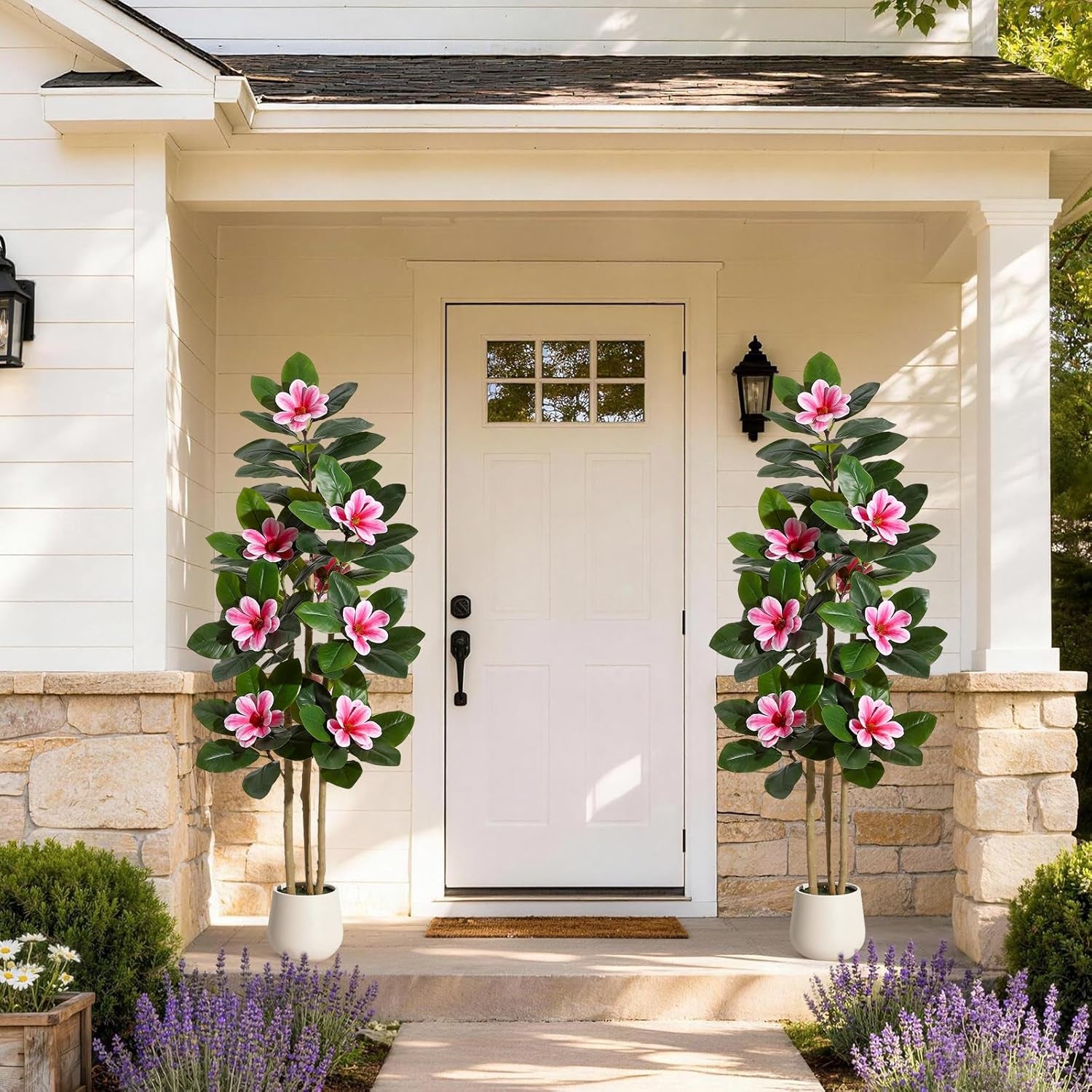Faux Rubber Tree, 60 Inch Artificial Plants Indoor with Real Touch Leaves and Multi Trunks, Artificial Tree Fake Potted Plants with Pink Flowers for Home Decor Office Living Room