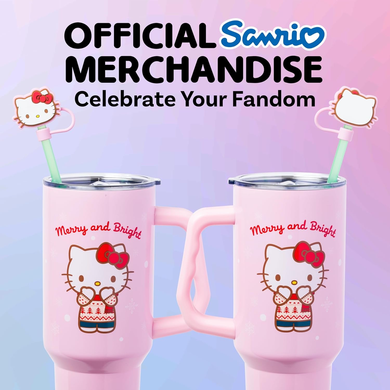 Sanrio Hello Kitty Christmas Holiday Sweater Merry and Bright Double Walled Stainless Steel Tumbler with Handle, Straw, and Straw Cap, Fits in Standard Cup Holder, 40 Ounces