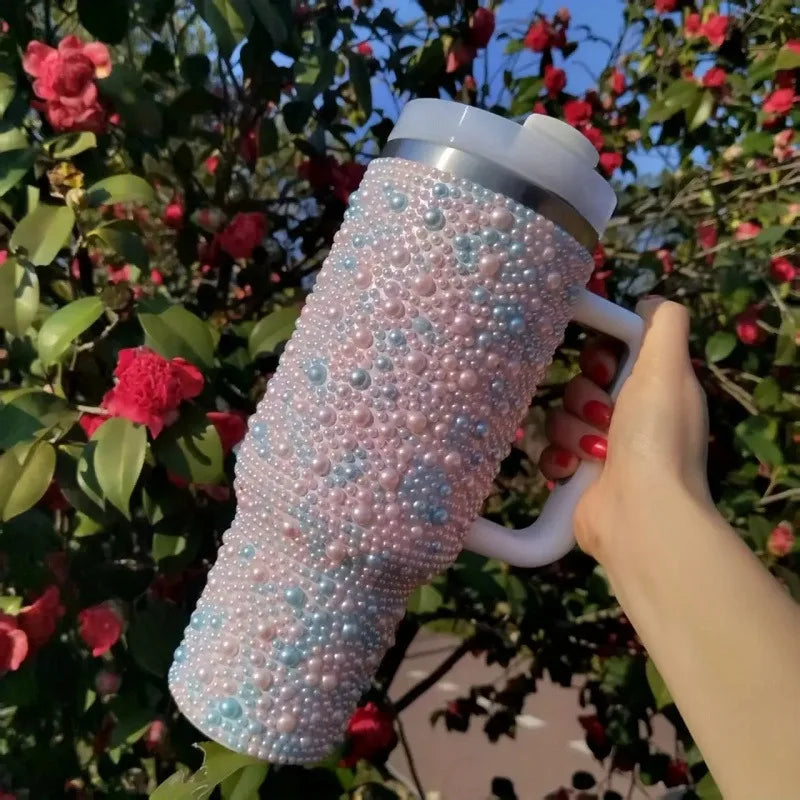 40Oz Diamond Thermos Cup with Handle 304 Stainless Steel Vacuum Flasks Portable Car Coffee Cup Insulated Thermal Water Bottles