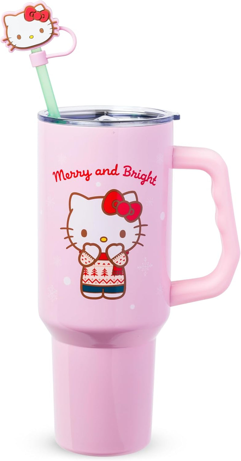 Sanrio Hello Kitty Christmas Holiday Sweater Merry and Bright Double Walled Stainless Steel Tumbler with Handle, Straw, and Straw Cap, Fits in Standard Cup Holder, 40 Ounces
