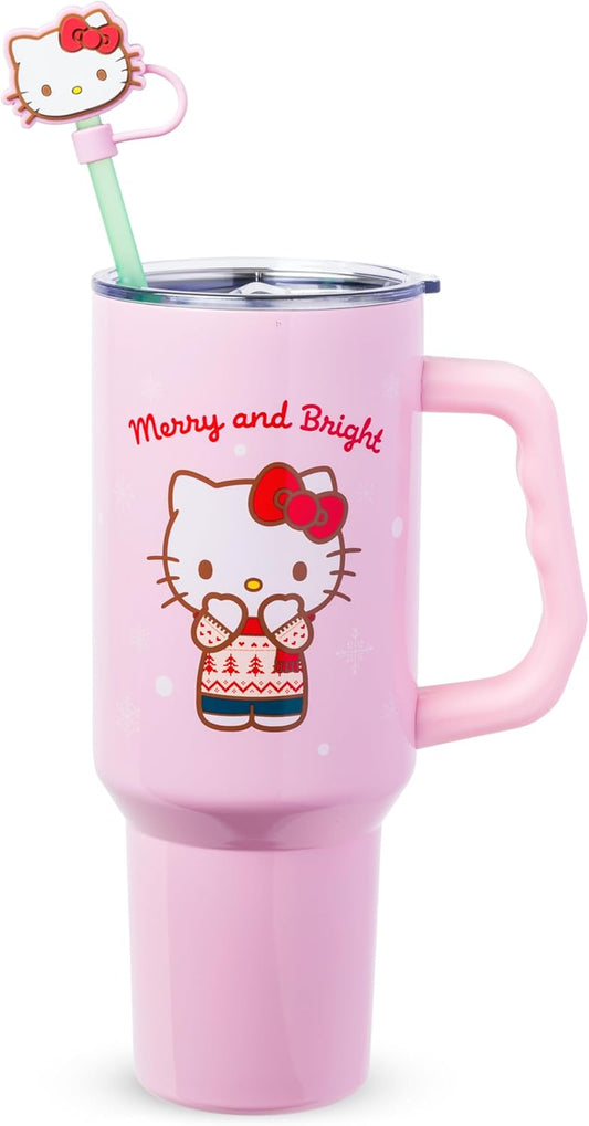 Sanrio Hello Kitty Christmas Holiday Sweater Merry and Bright Double Walled Stainless Steel Tumbler with Handle, Straw, and Straw Cap, Fits in Standard Cup Holder, 40 Ounces