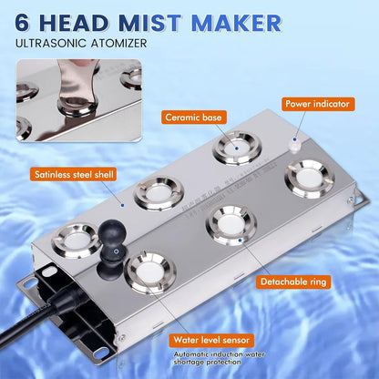 Ultrasonic Mist Maker 6 Head, 4500Ml/H Pond Fogger with 250W Power Supply, Buoy, Replacement Discs, for Pond, Garden, Rockery, Greenhouse,Mushroom Halloween Decoration (6 Heads)