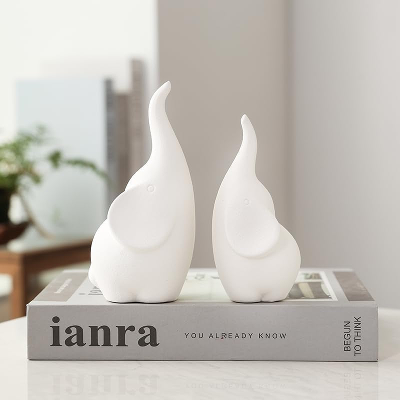 A Pair White Elephant Figurine Home Decor, Modern Style Ceramic Elephant Statues for Accents Living Room Office Table Bookshelf Desk Bedroom Decoration