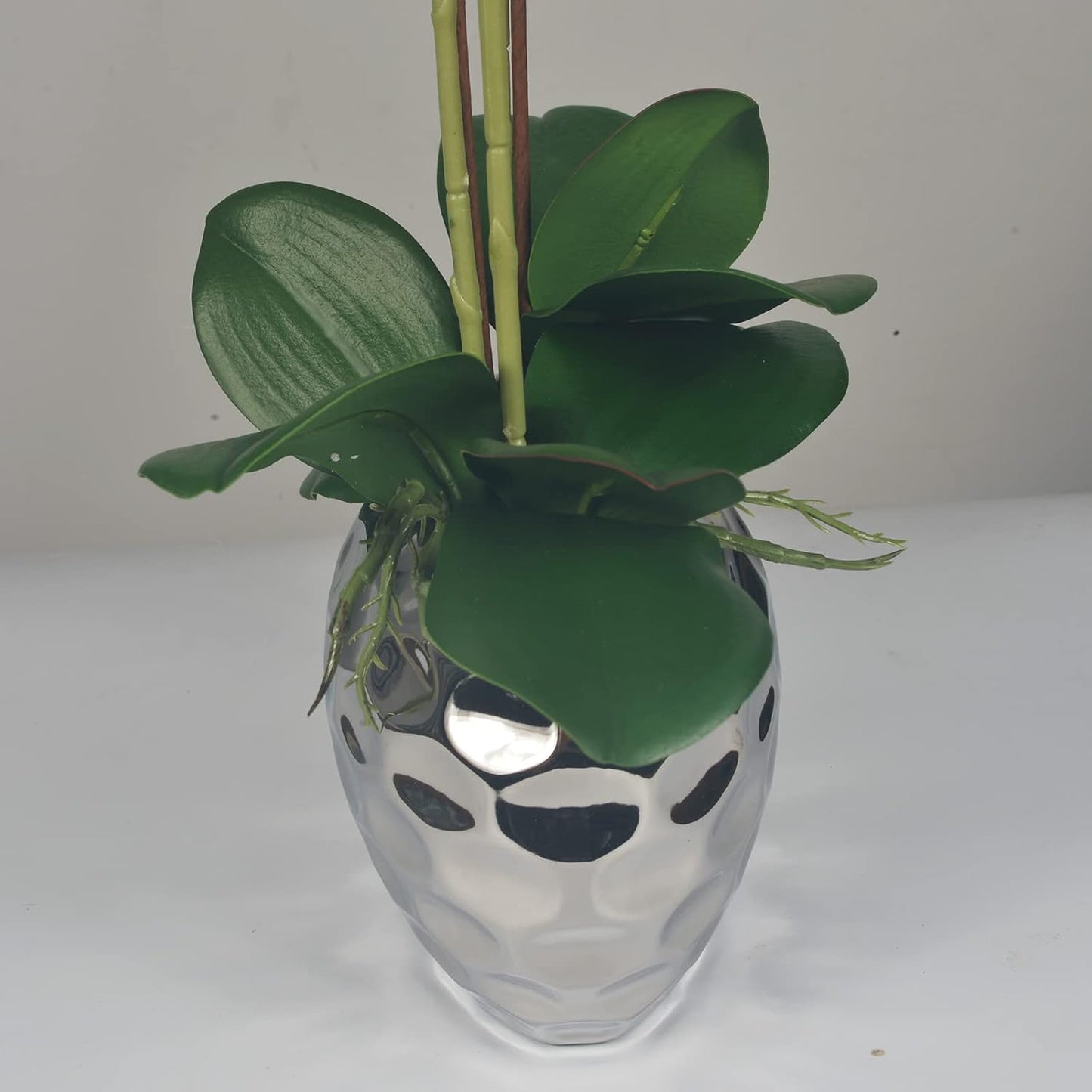 Artificial Orchid Plants & Flowers Arrangement in Ceramic Pot, Fake Faux White Orchid with Silver Vase, Faux Orchids for Home Decor Indoor