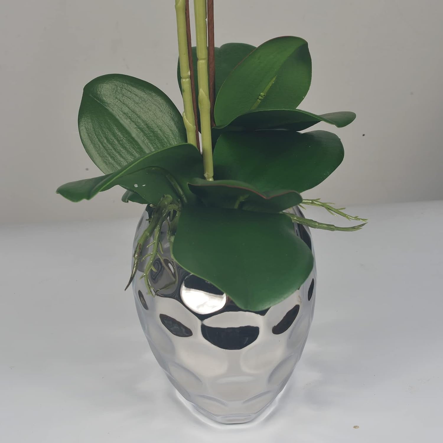Artificial Orchid Plants & Flowers Arrangement in Ceramic Pot, Fake Faux White Orchid with Silver Vase, Faux Orchids for Home Decor Indoor