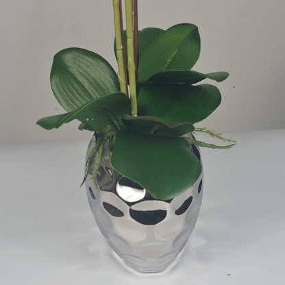 Artificial Orchid Plants & Flowers Arrangement in Ceramic Pot, Fake Faux White Orchid with Silver Vase, Faux Orchids for Home Decor Indoor